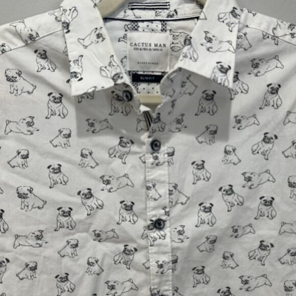Cactus Man Shirt Mens Medium White All Over Print Pug Casual S/S Dog Lovers - Picture 2 of 4